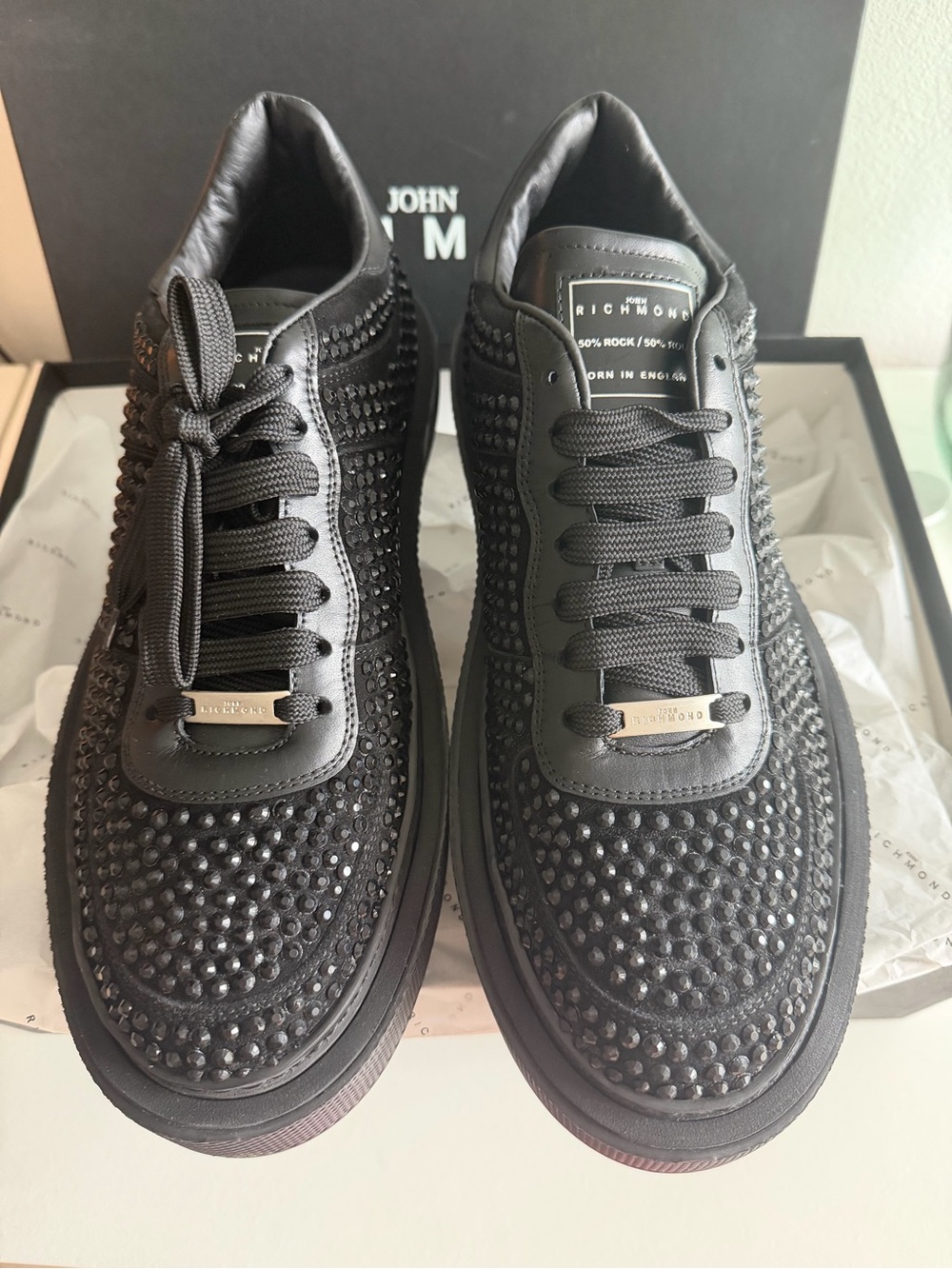 NWT John Richmond Men’s TUNISI Black Embellished Leather Sneakers